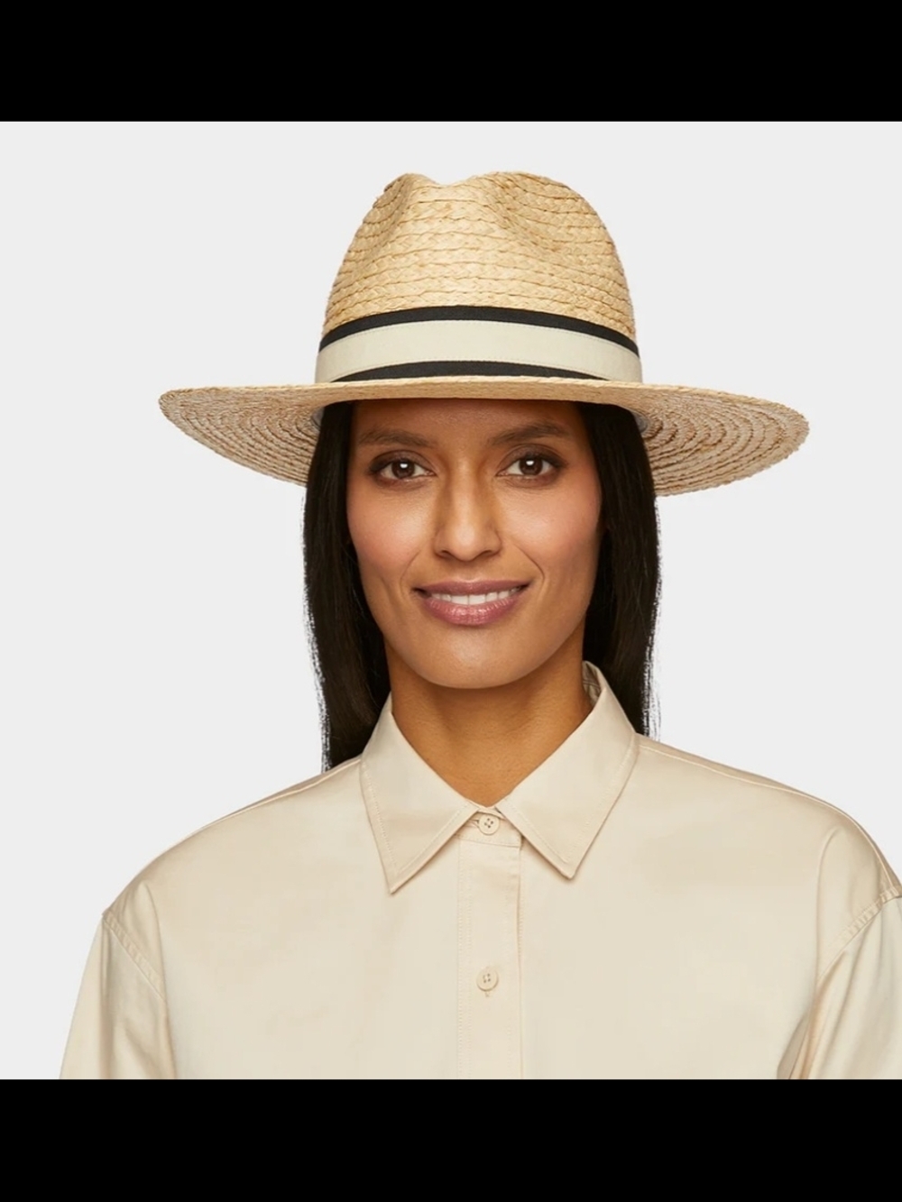 Tilley Neutral Straw Fedora Hat with Black & Cream Band - Women